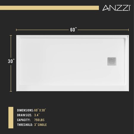 Anzzi ALEXANDER 60 in. x 30 in. Right Drain Shower Base in White SB-AZ101R